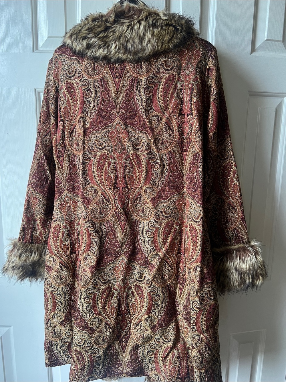 Chico's Red & Brown Paisley Coat with Faux-Fur Trim - Picture 3 of 5